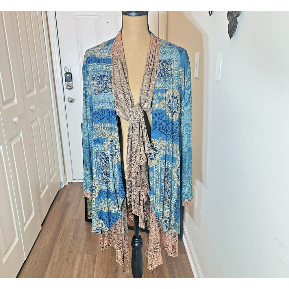 Carole Little Blue Abstract Knit Lace Trim Kimono Cardigan Open Front 6‎ Boho